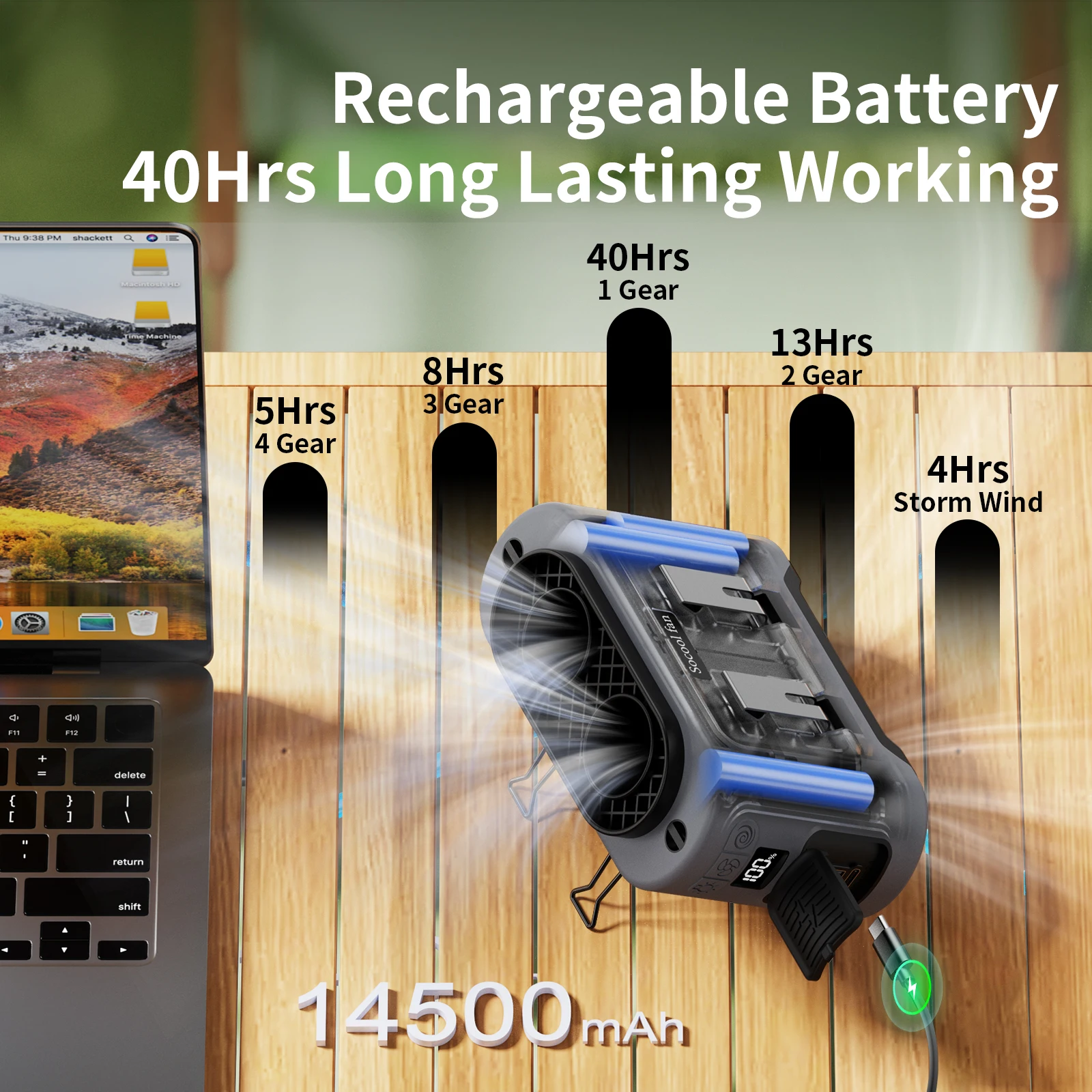 Socool 14500mAh Portable Waist Fan Dual Airflow Outlet Turbo Motors with Four Clips Emergency Flashlight Power Bank for Outdoor - Image 3