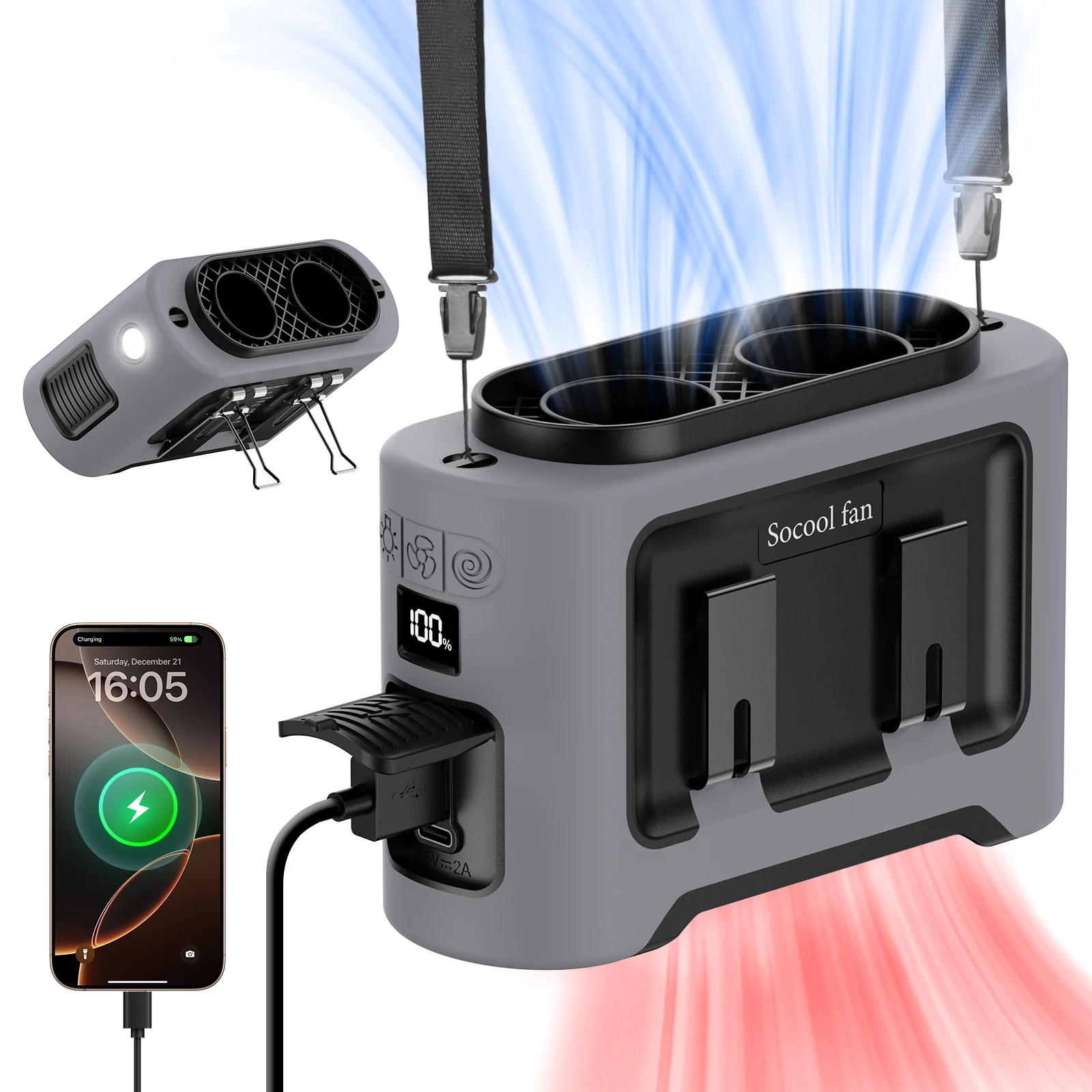 Socool 14500mAh Portable Waist Fan Dual Airflow Outlet Turbo Motors with Four Clips Emergency Flashlight Power Bank for Outdoor