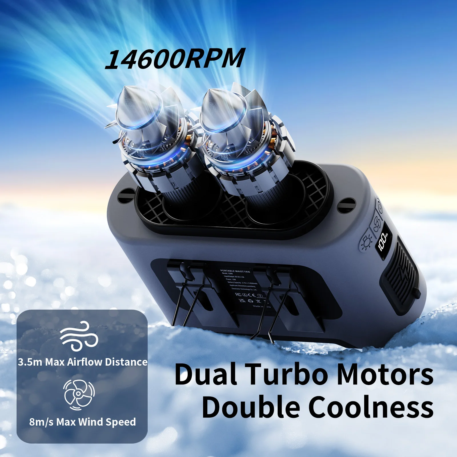 Socool 14500mAh Portable Waist Fan Dual Airflow Outlet Turbo Motors with Four Clips Emergency Flashlight Power Bank for Outdoor - Image 2